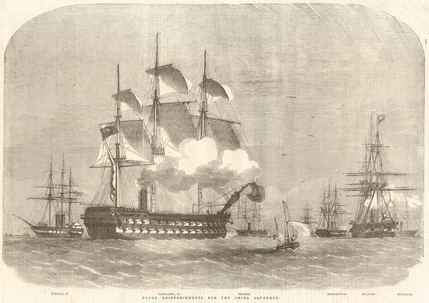 Naval reinforcements for the China squadron. Ships 1857 old antique print